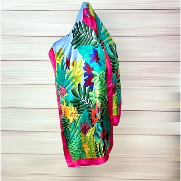 Perry Ellis Oblong Silk Scarf Bright Green Pink Tropical Floral 17x64” Japan Vtg - Picture 8 of 12